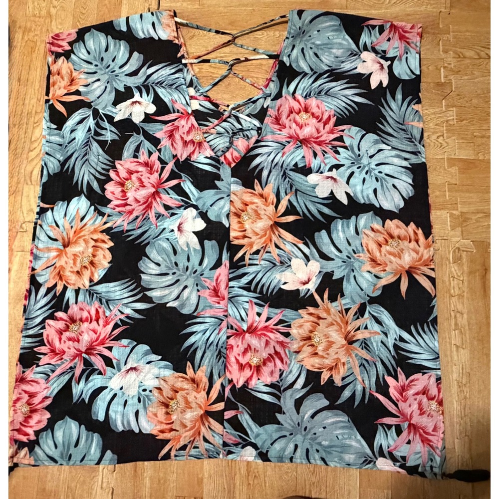 Kona Sol Tropical Floral Kaftan Swim Cover Up Black Pink Blue Lace Up Back M